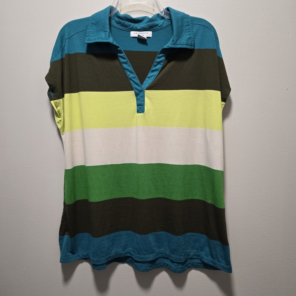 Liz Claiborne Women's Large Polo Shirt Multicolor Striped Cap Sleeve Cotton Knit